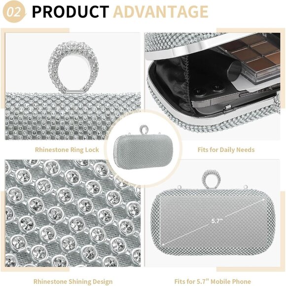 Women Silver Sparkly Rhinestone Evening Clutch Purse Crystal Ring Clasp Handbag - Picture 4 of 6